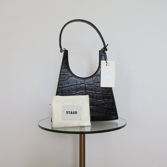 New With Tags STAUD Rey Bag — Black Croc Embossed Leather - Picture 2 of 3